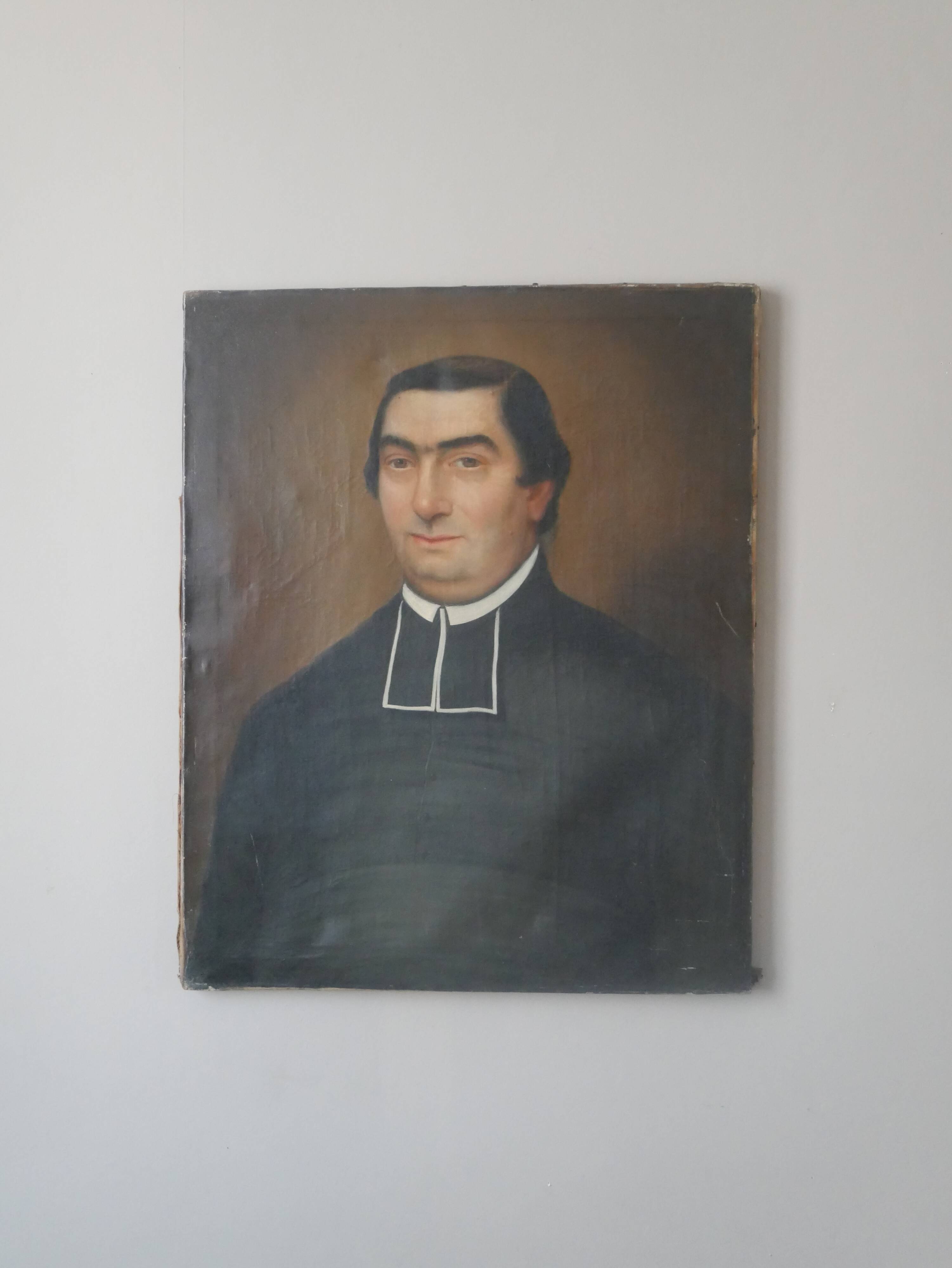 Old 19th century oil on canvas portrait painting priest vintage religious painting