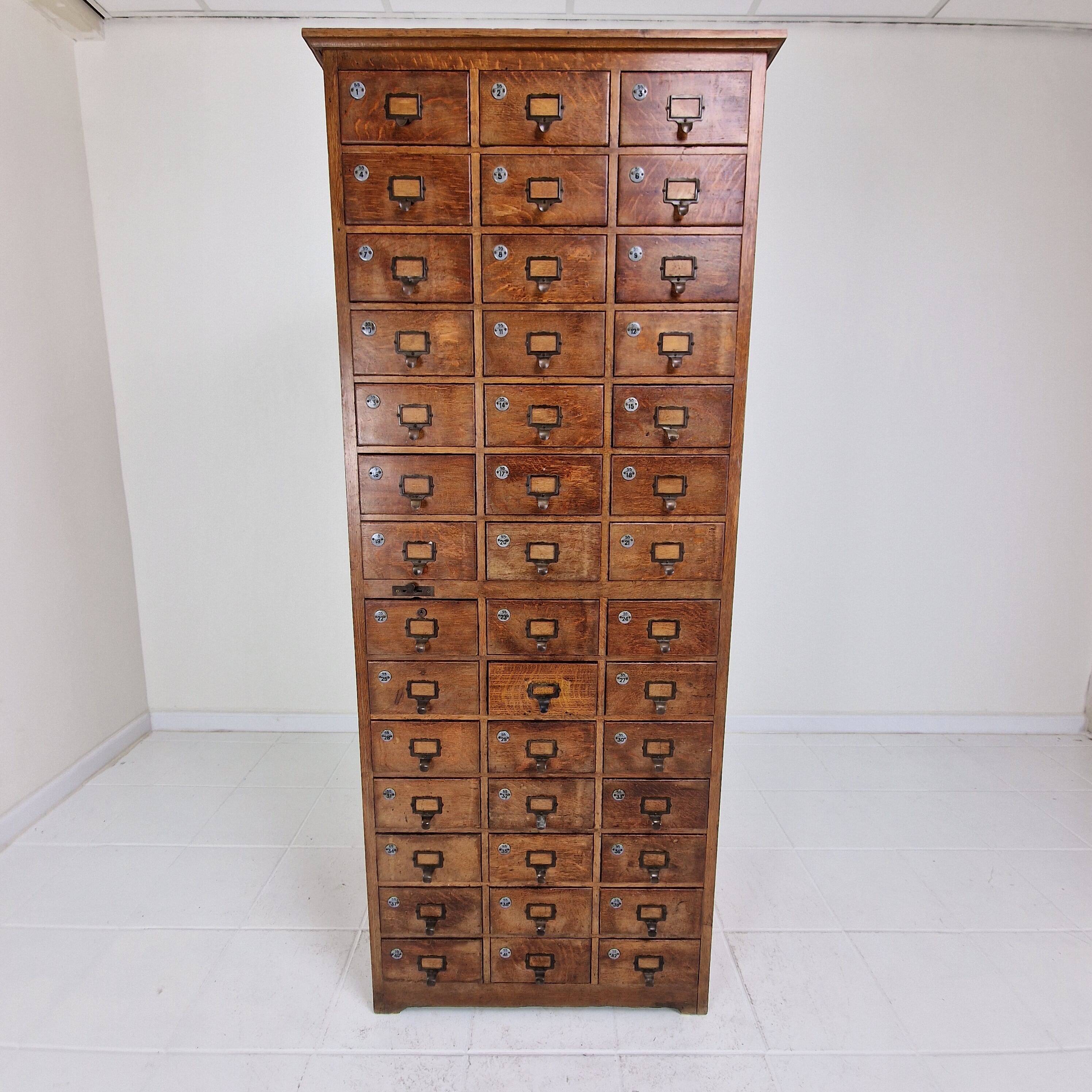 Armoire d'apothicaire ou d'archives industrielle hollandaise en chêne, vers 1900