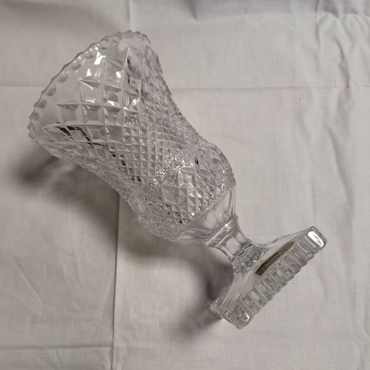 Vase in crystal medici on foot square with label Bohemia