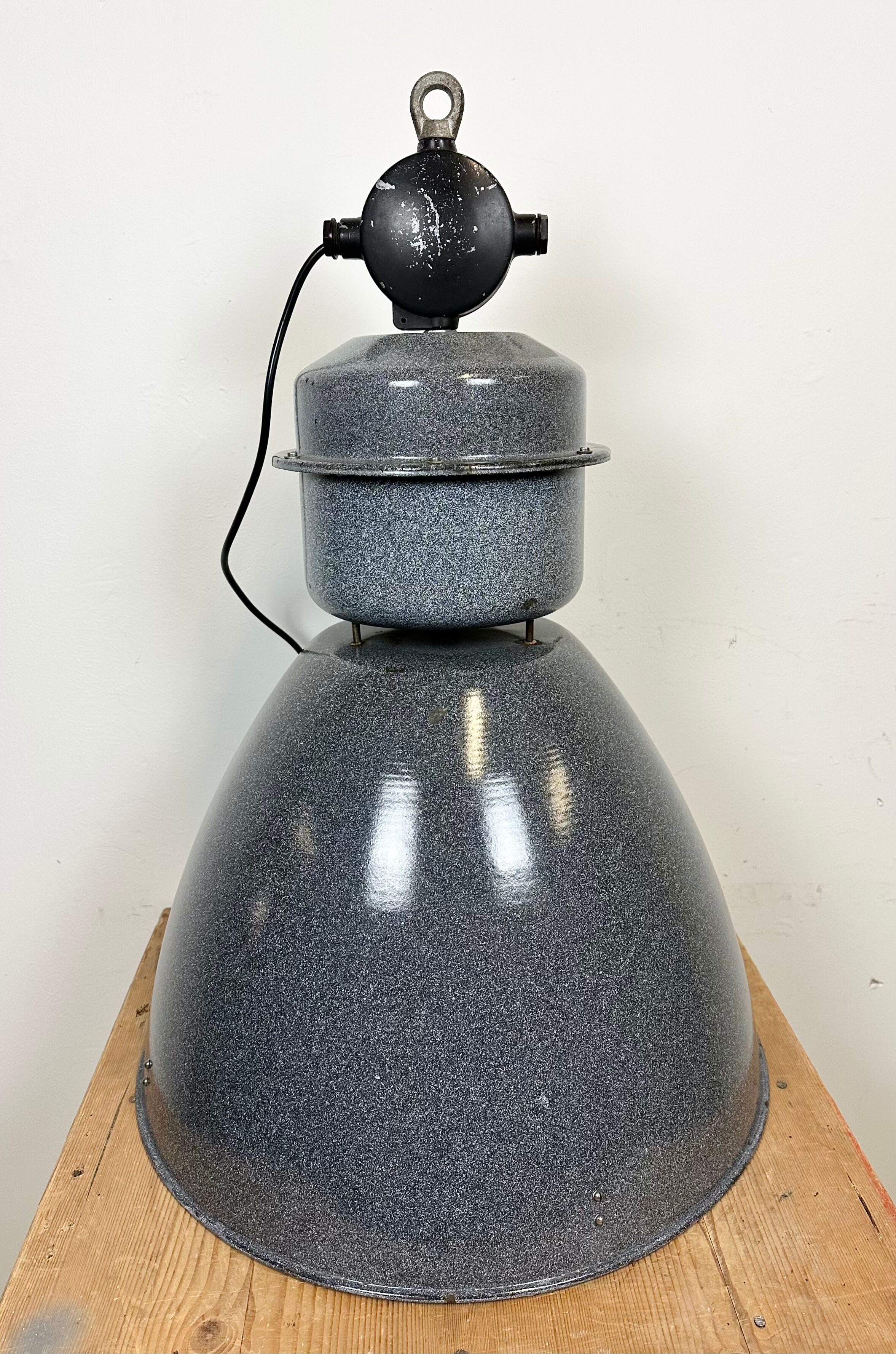 Large Grey Enamel Industrial Factory Lamp from Elektrosvit, 1960s
