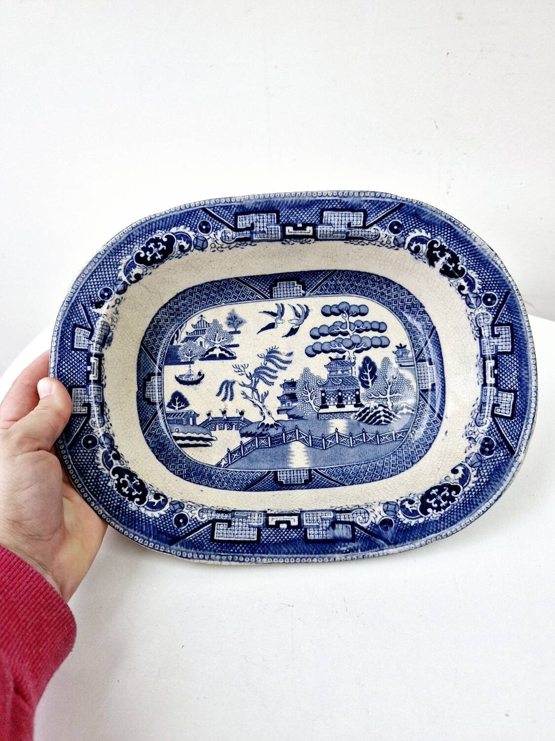 Old Rectangular Hollow Dish In English Earthenware 19th Chinese Decor Blue Willow