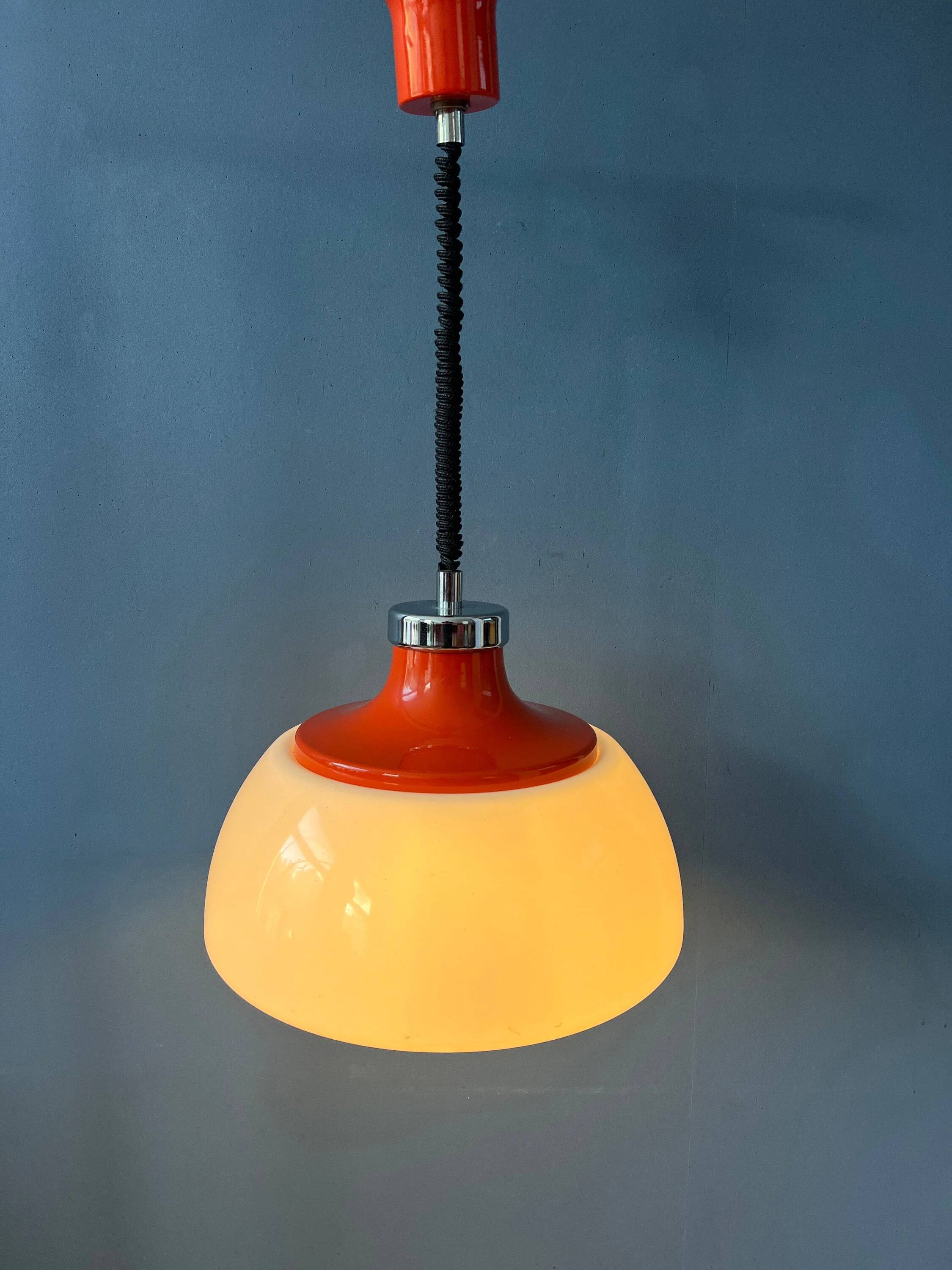 Suspension Space Age massive in white plexiglass Mid-Century with a red top cap.