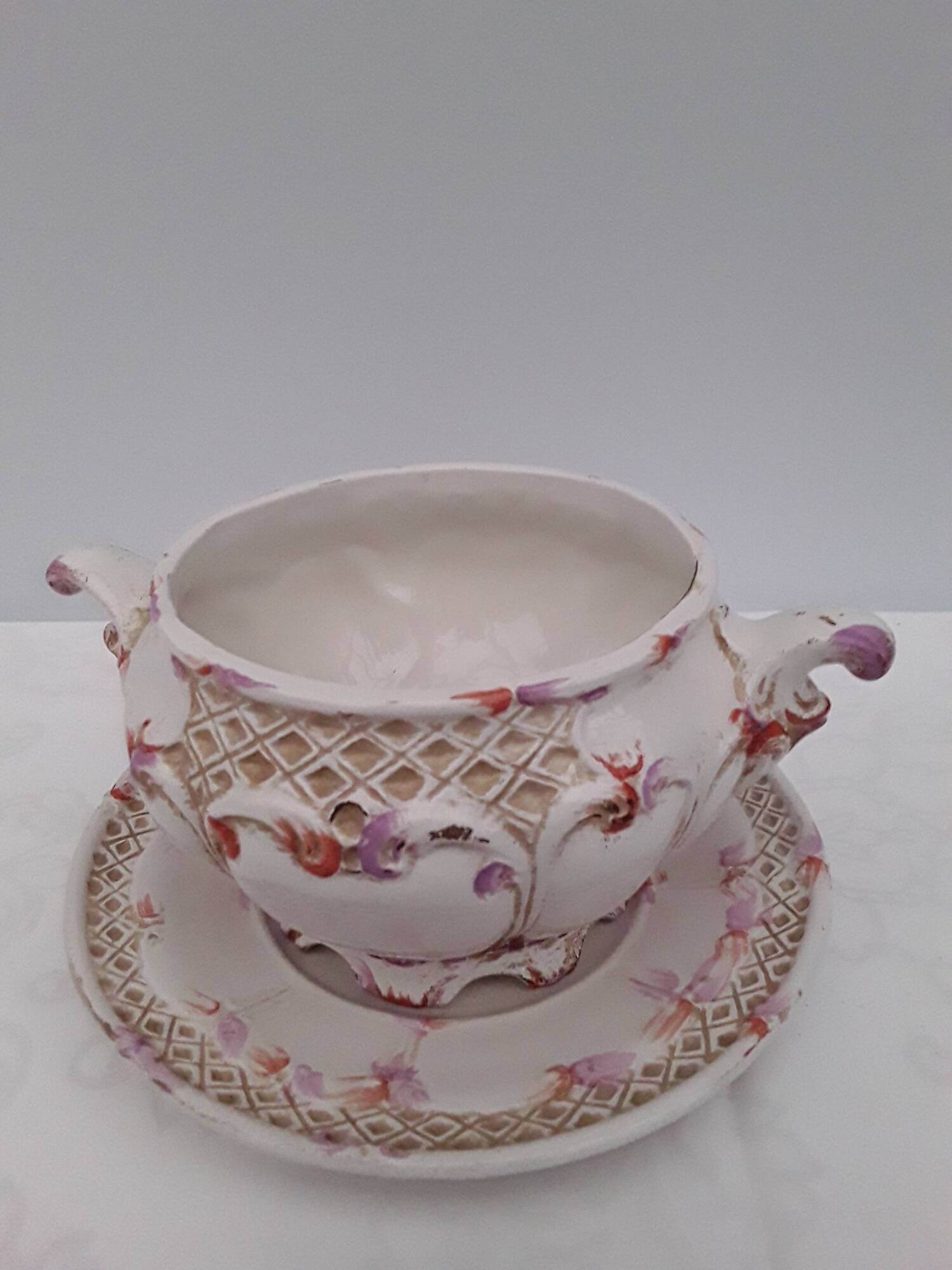Cache pot , vide poche barbotine avec soucoupe faience made in Italy ...