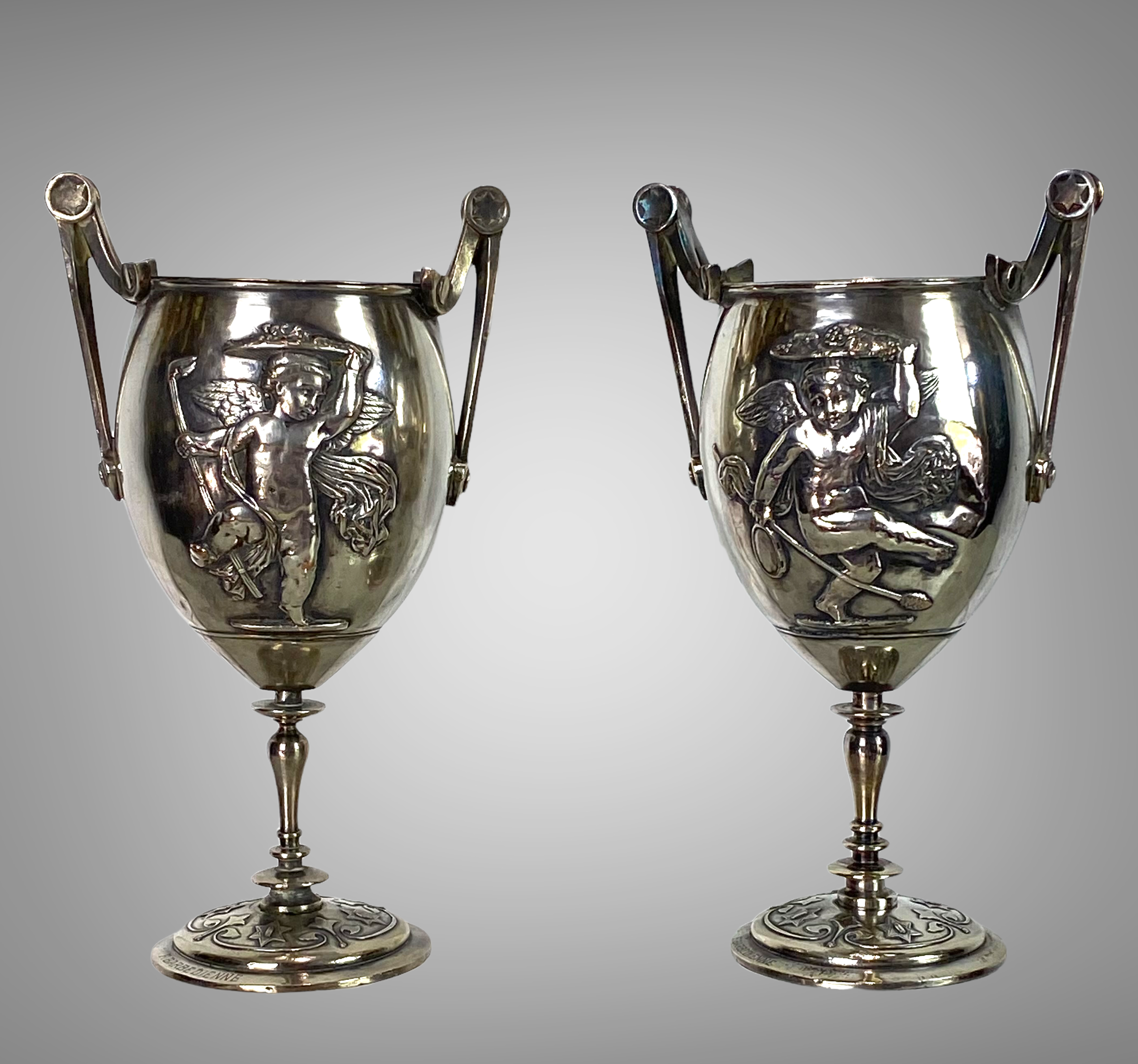 Ferdinand barbedienne 1810/ 1892 pair of silver bronze cups from the 19th to set de putti