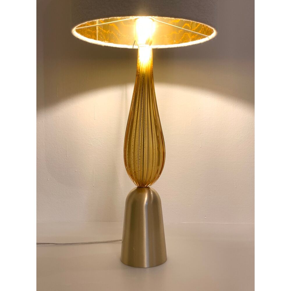 Amber and gold murano glass table lamps with bouclé lampshde