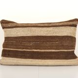 Vintage minimalist style hemp pillow with original details, organic brown wool turkish lumbar