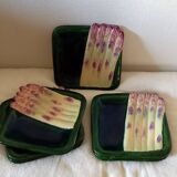 Square asparagus plates in barbotine by Marcel Guillot, set of 8.