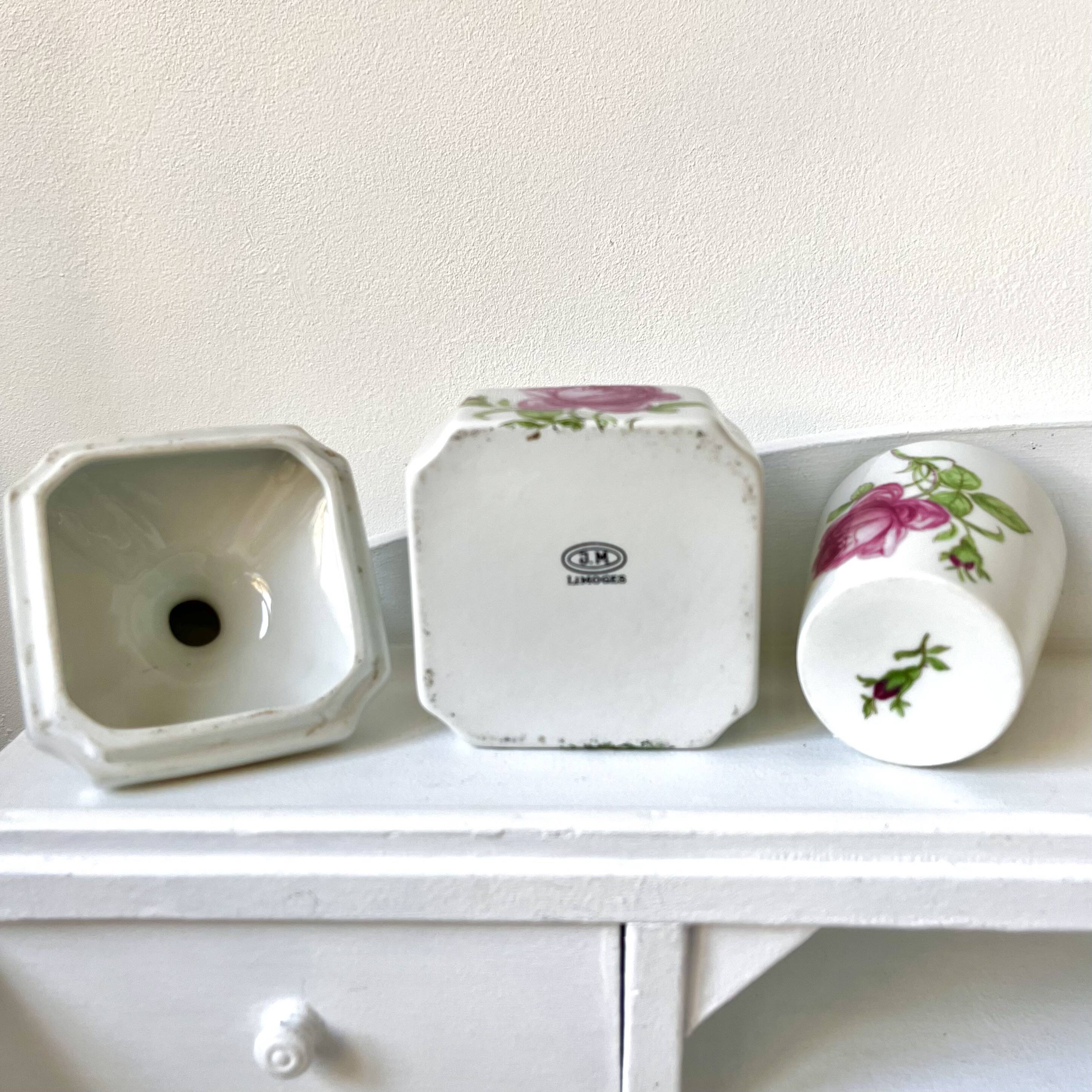 Limoges porcelain toiletry bottles decorated with roses