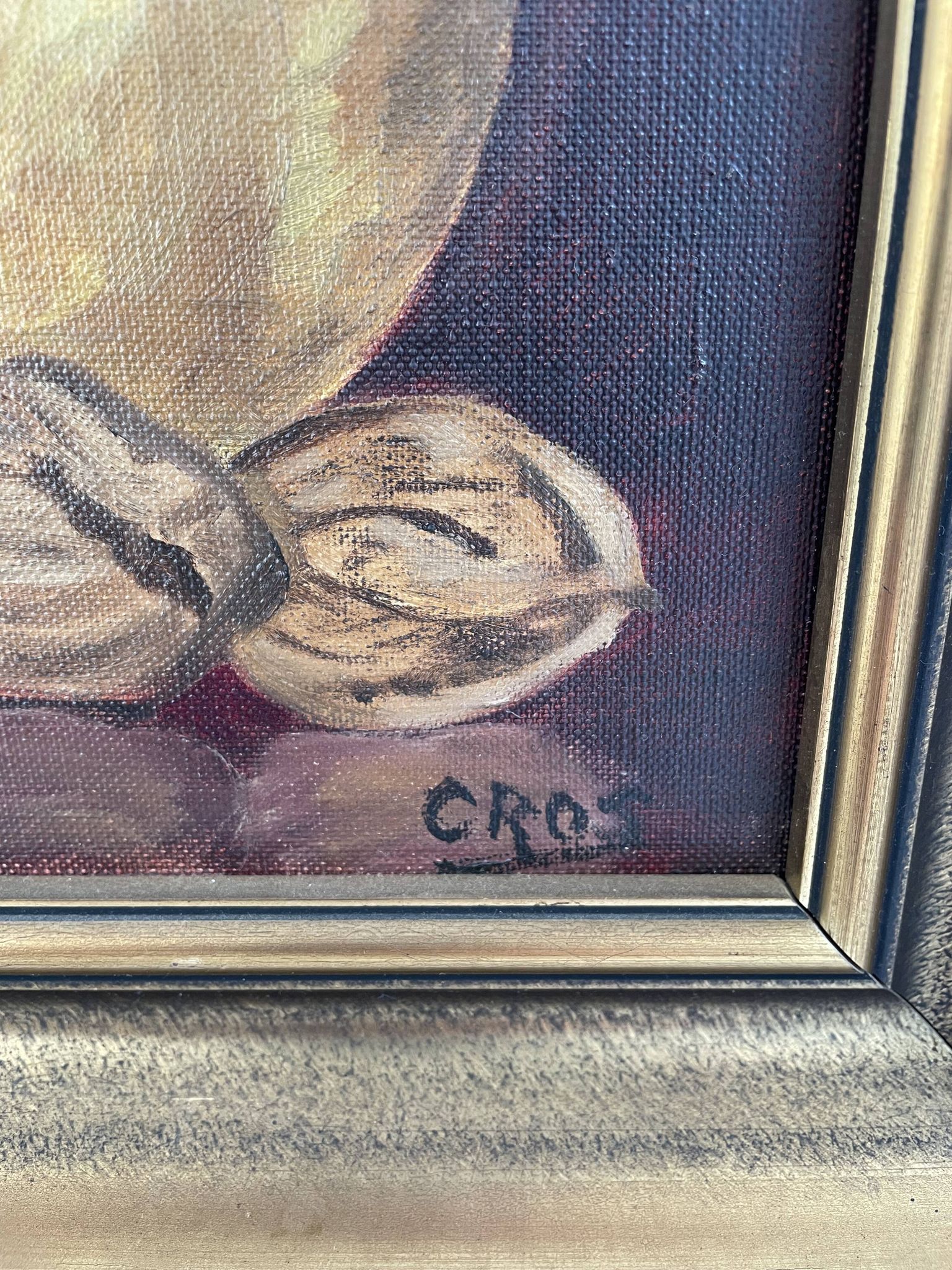 Oil painting on canvas, still life with fruits and pot, nuts, signed, George Cros, signed