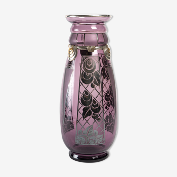 Vase d'argyl verre couleur violet et métal argenté - époque : art déco - xxème siècle