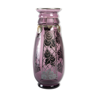 Vase d'argyl verre couleur violet et métal argenté - époque : art déco - xxème siècle
