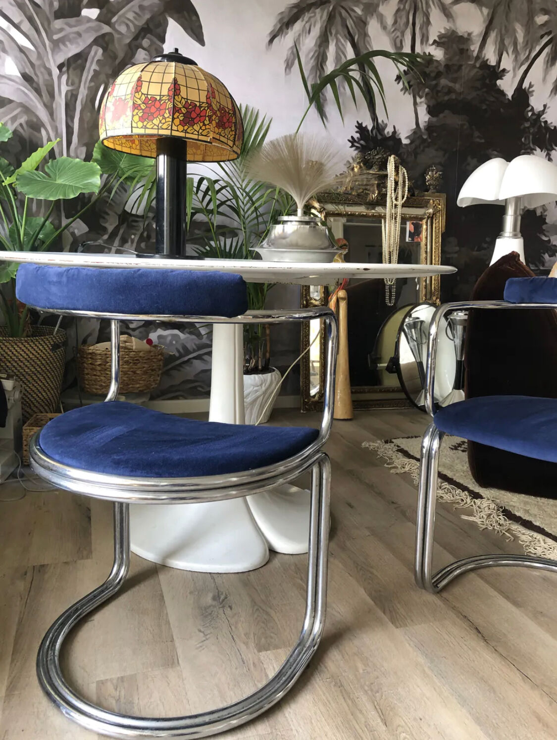 Set of four vintage chrome and velvet chairs
