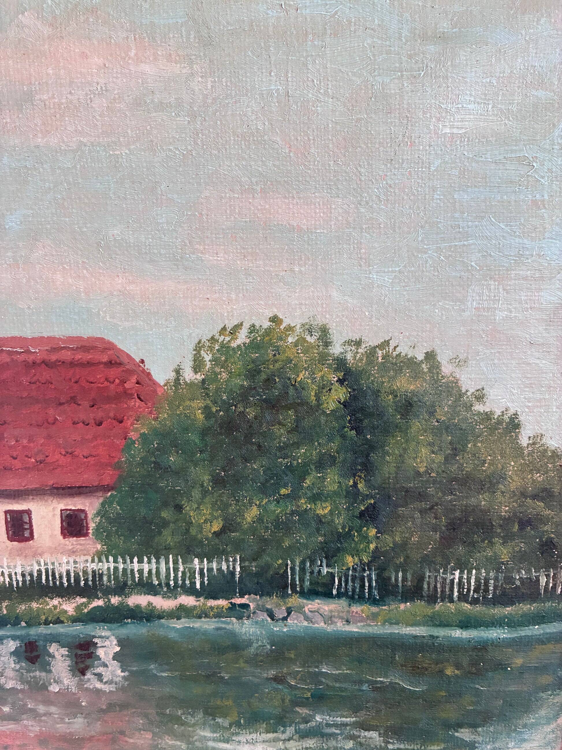 Vintage original landscape oil painting, signed farmhouse art