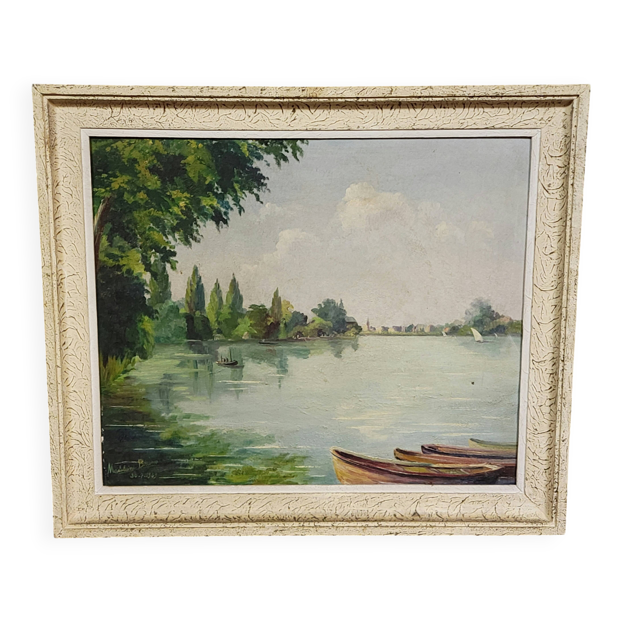 Madeleine Bruno: an old painting depicting a river landscape.