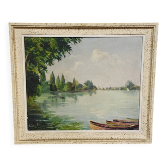 Madeleine Bruno: an old painting depicting a river landscape.