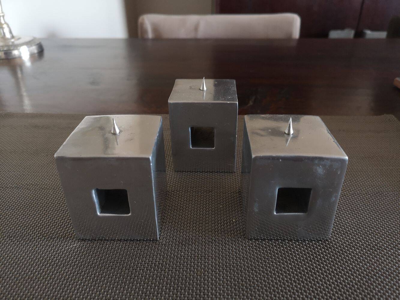 Set of three design candlesticks in brushed steel - Vintage Habitat - 1970s/1980s