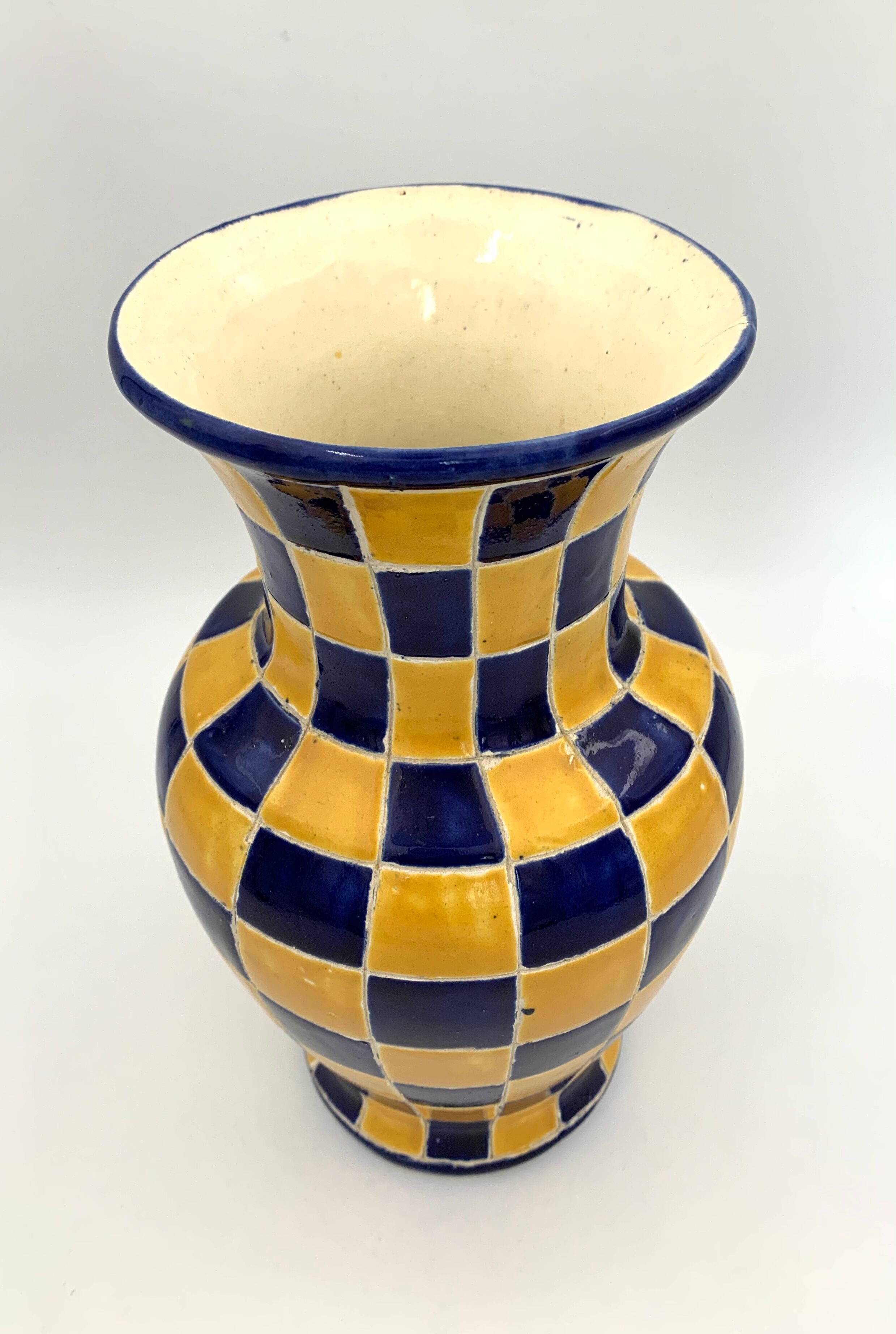 Vintage ceramic vase, blue and yellow checkerboards - 1950s-1960s