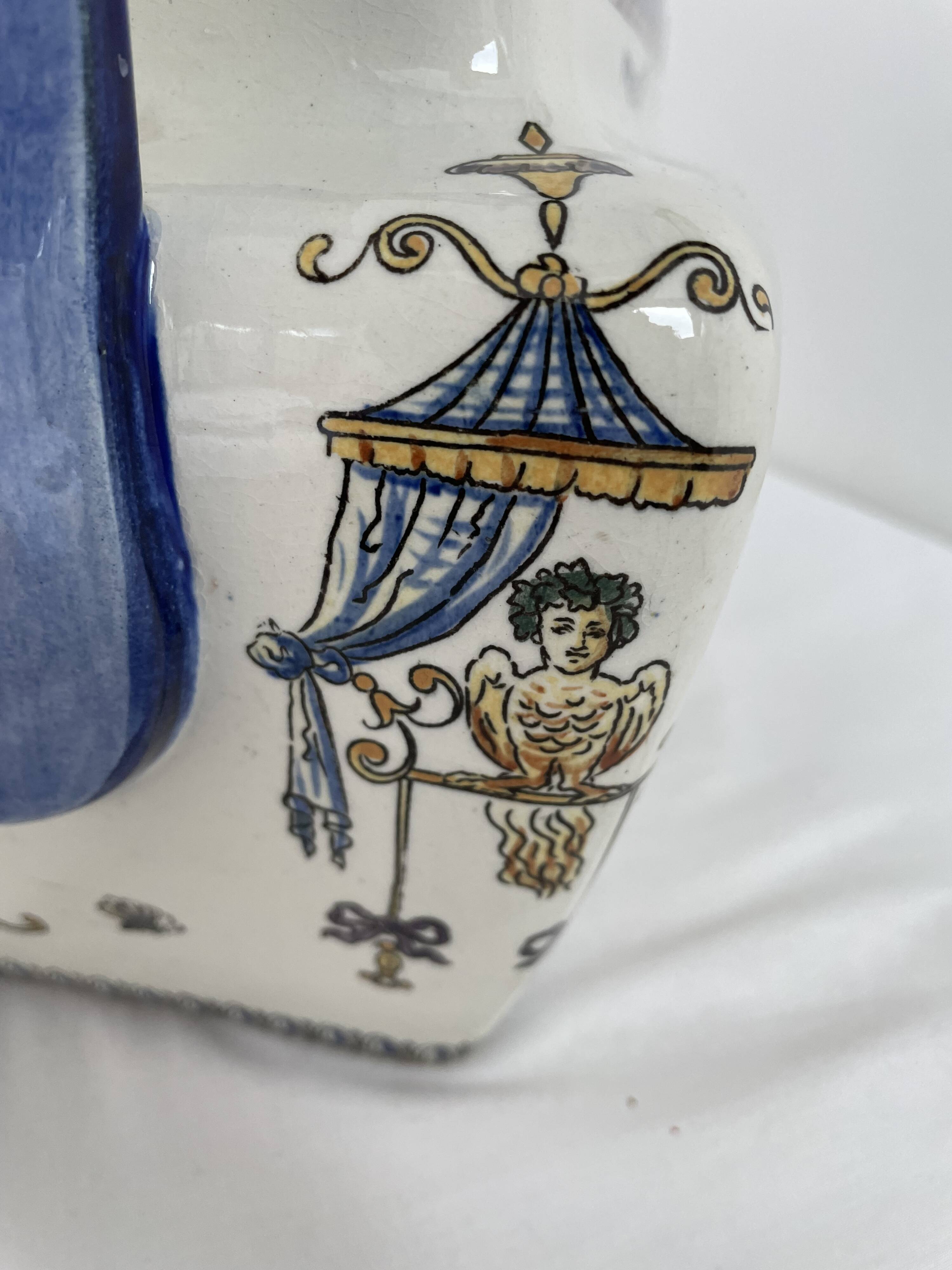 Planter, cache pot, Gien earthenware, rich decoration, Italian Renaissance, winged angel, antique decoration