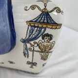 Planter, cache pot, Gien earthenware, rich decoration, Italian Renaissance, winged angel, antique decoration