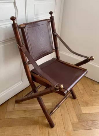 Set of three folding officer chairs wood and leather