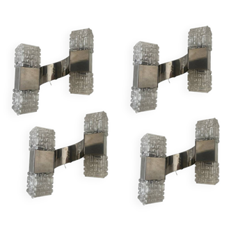 Appliques chromées en verre de cristal du milieu du siècle, ensemble de 4