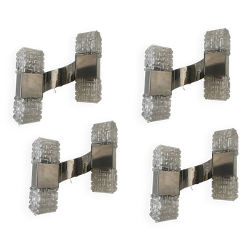 Appliques chromées en verre de cristal du milieu du siècle, ensemble de 4