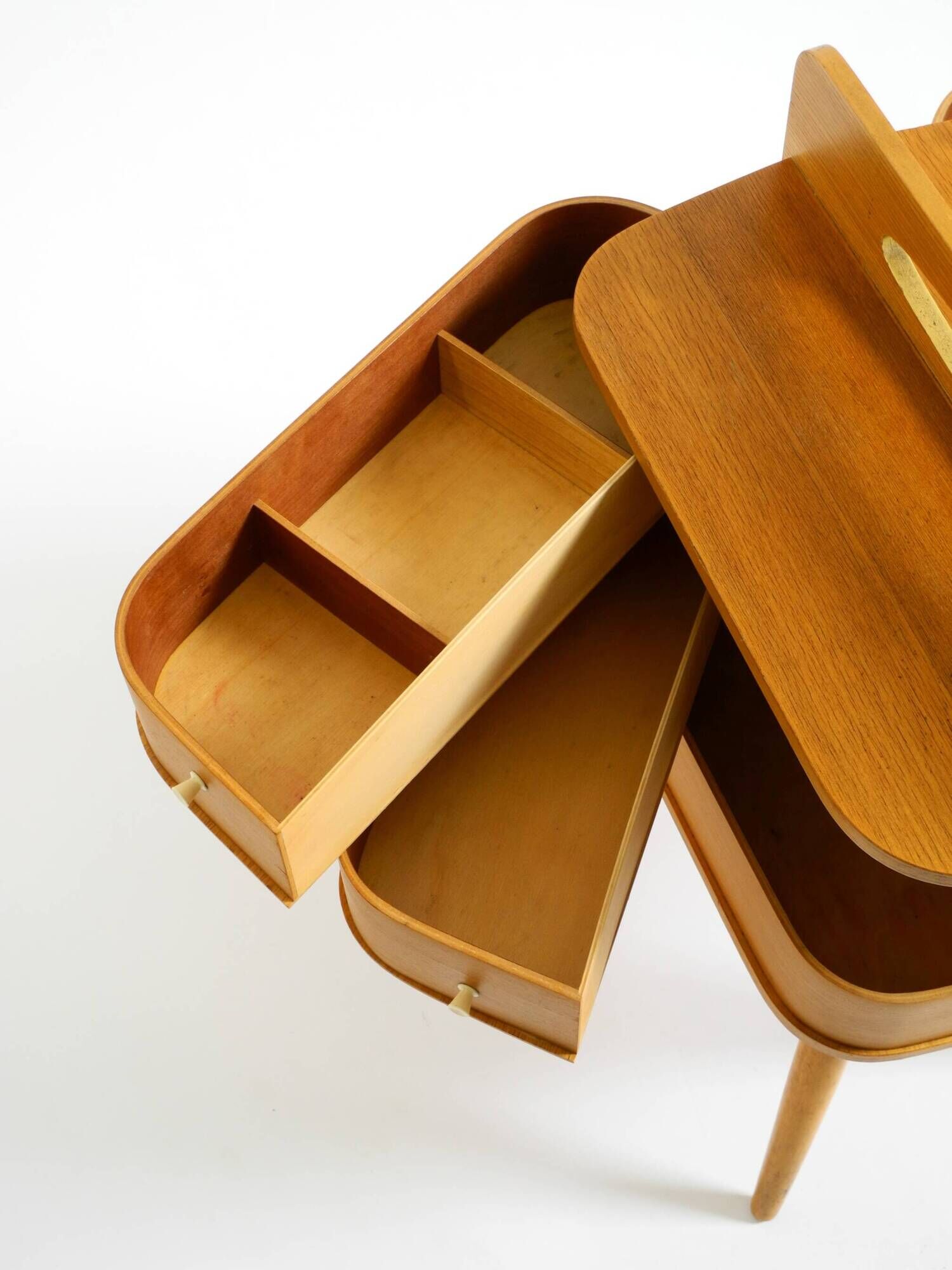 Beautiful original Mid Century teak sewing box with hinged compartments