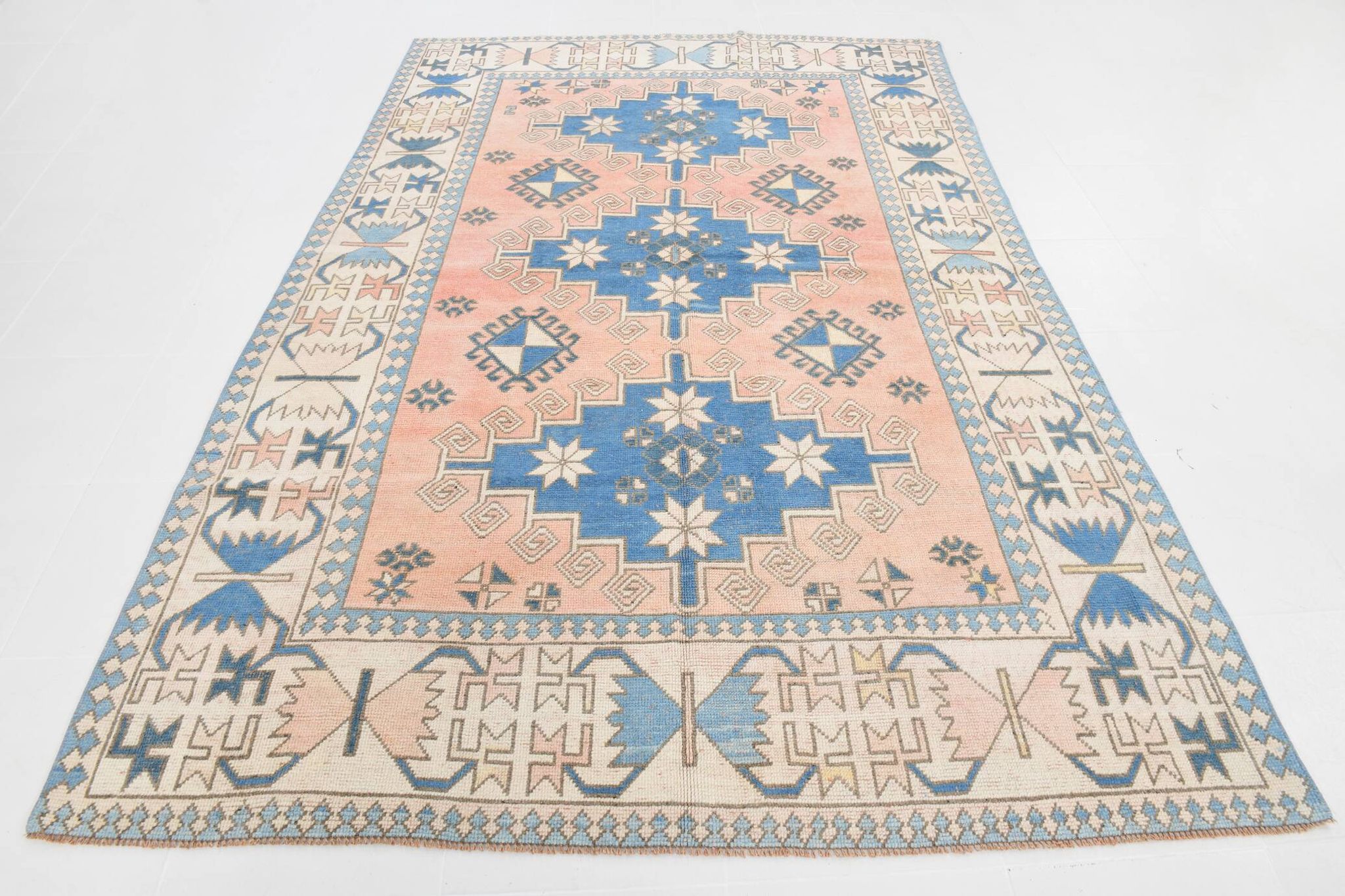 6x10 Salmon & Blue Comtemporary Vintage Rug, 194x297Cm