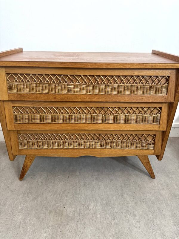 Commode vintage  pieds compas en rotin