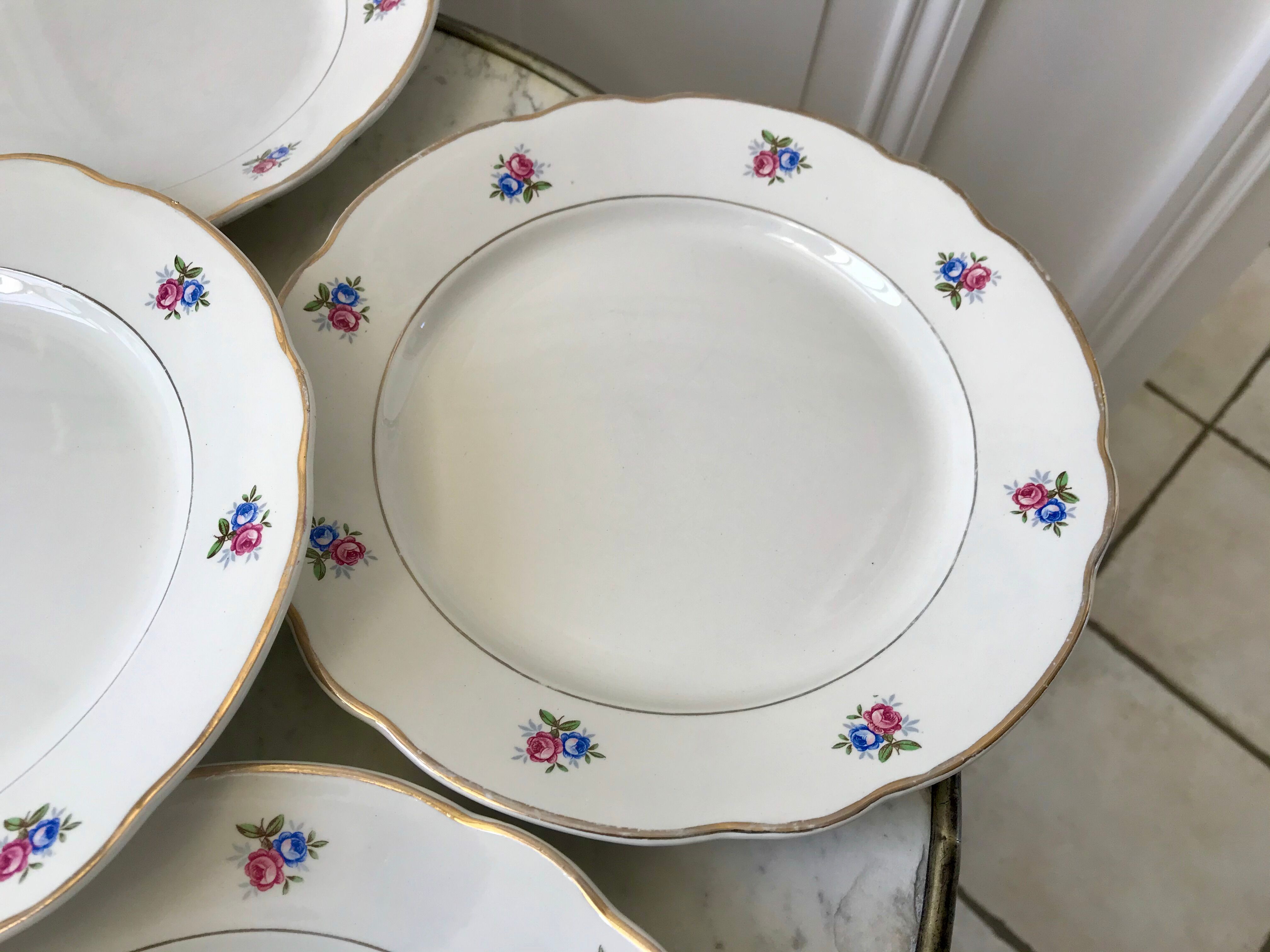 set of 6 flat plates Digoin Sarreguemines small flowers 50s