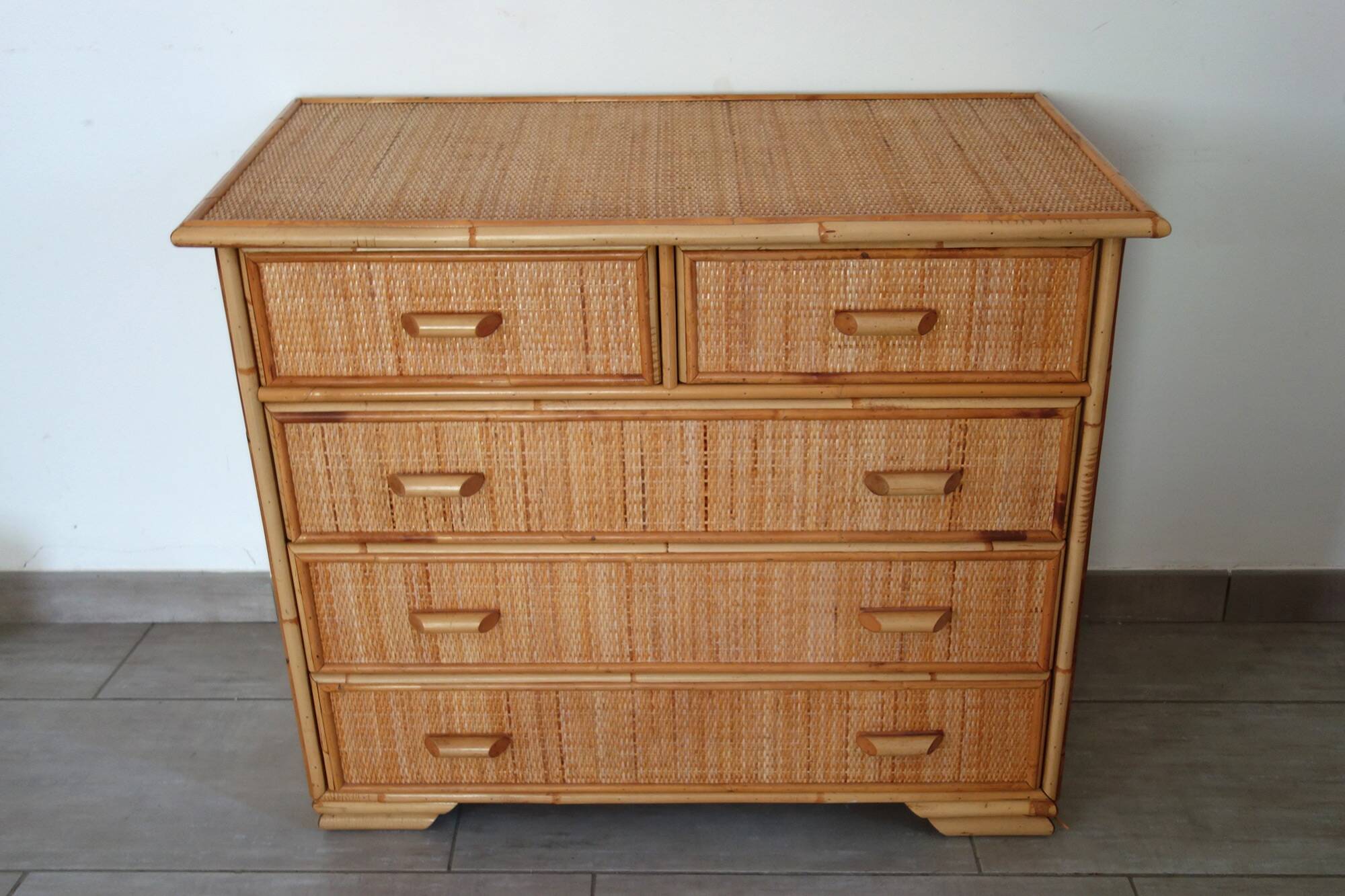 Chest of drawers with 5 wicker and bamboo drawers, 70s/80s.