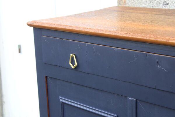 Buffet ancien en bois massif – Bleu profond & plateau bois
