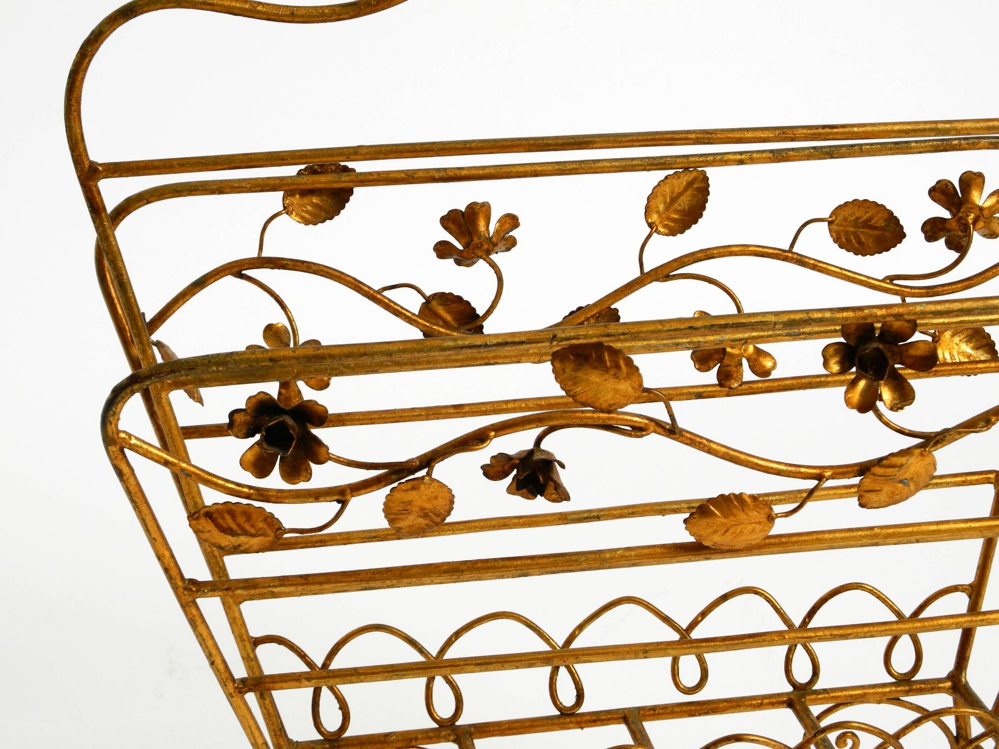 Extraordinary mid-century newspaper and magazine rack with a gilded metal