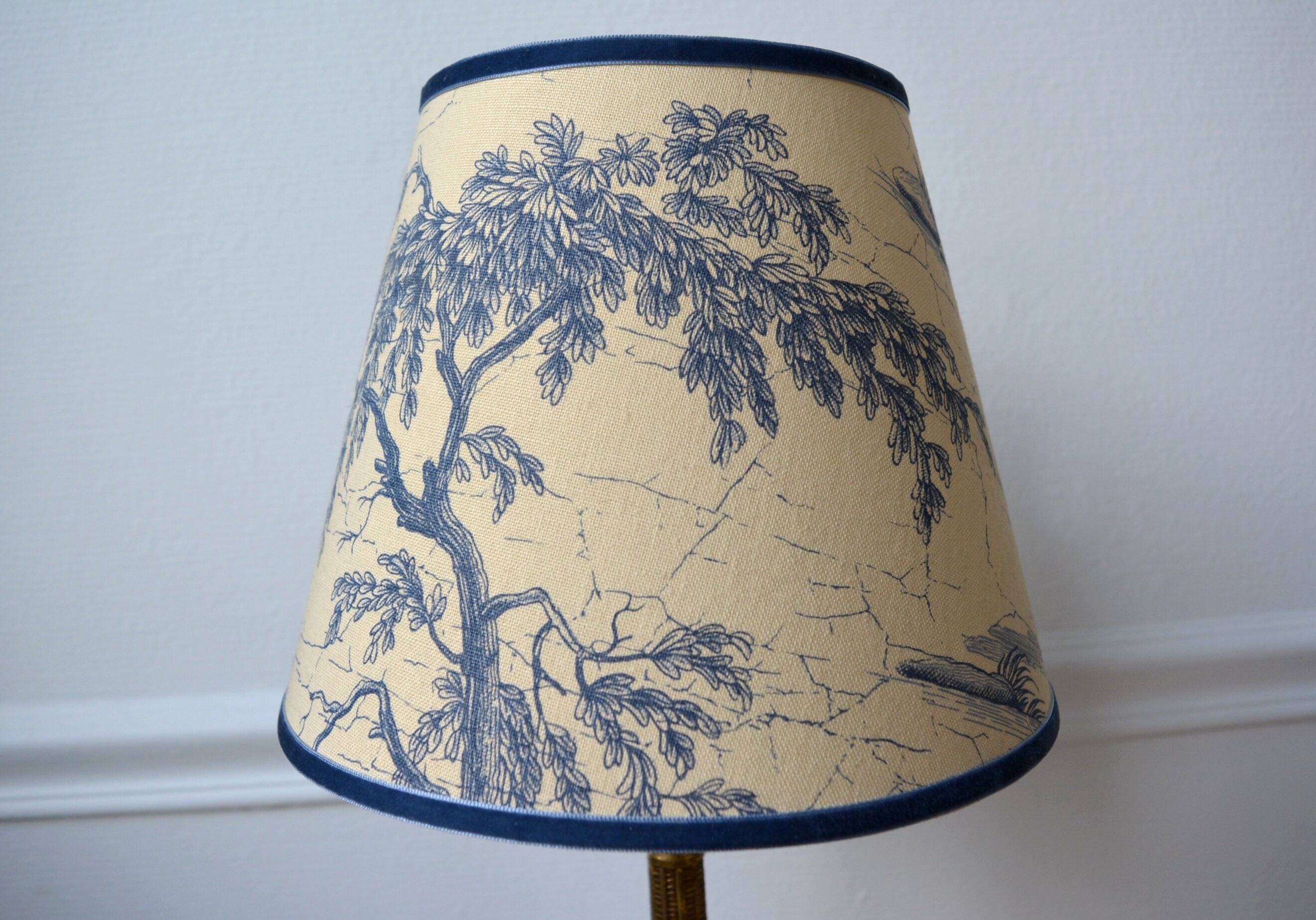 Jouy fabric lampshade, blue, tree pattern, leaves