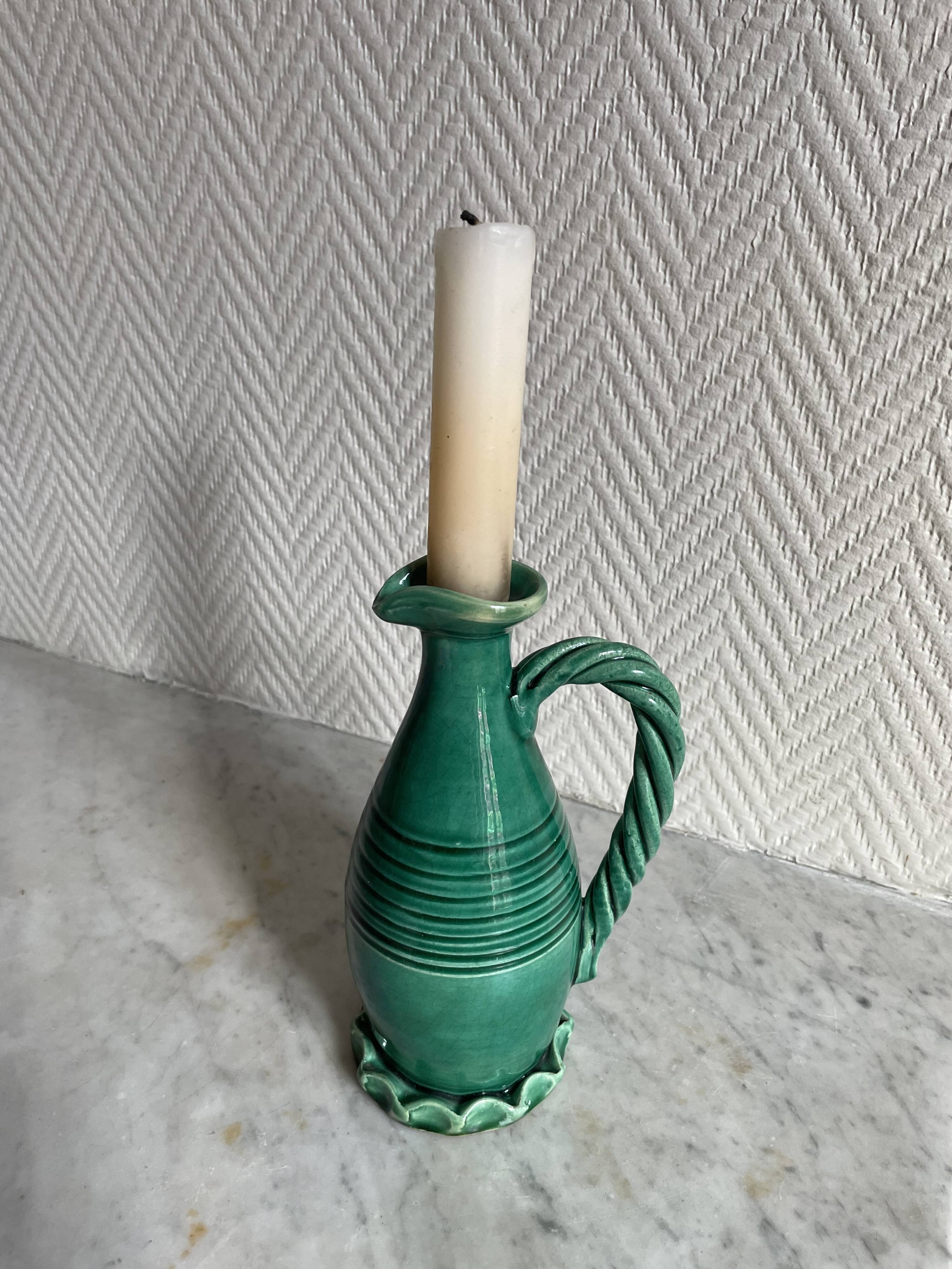 Small green ceramic pitcher