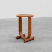 Art deco oak wooden round side table with bended leg, France 1920s