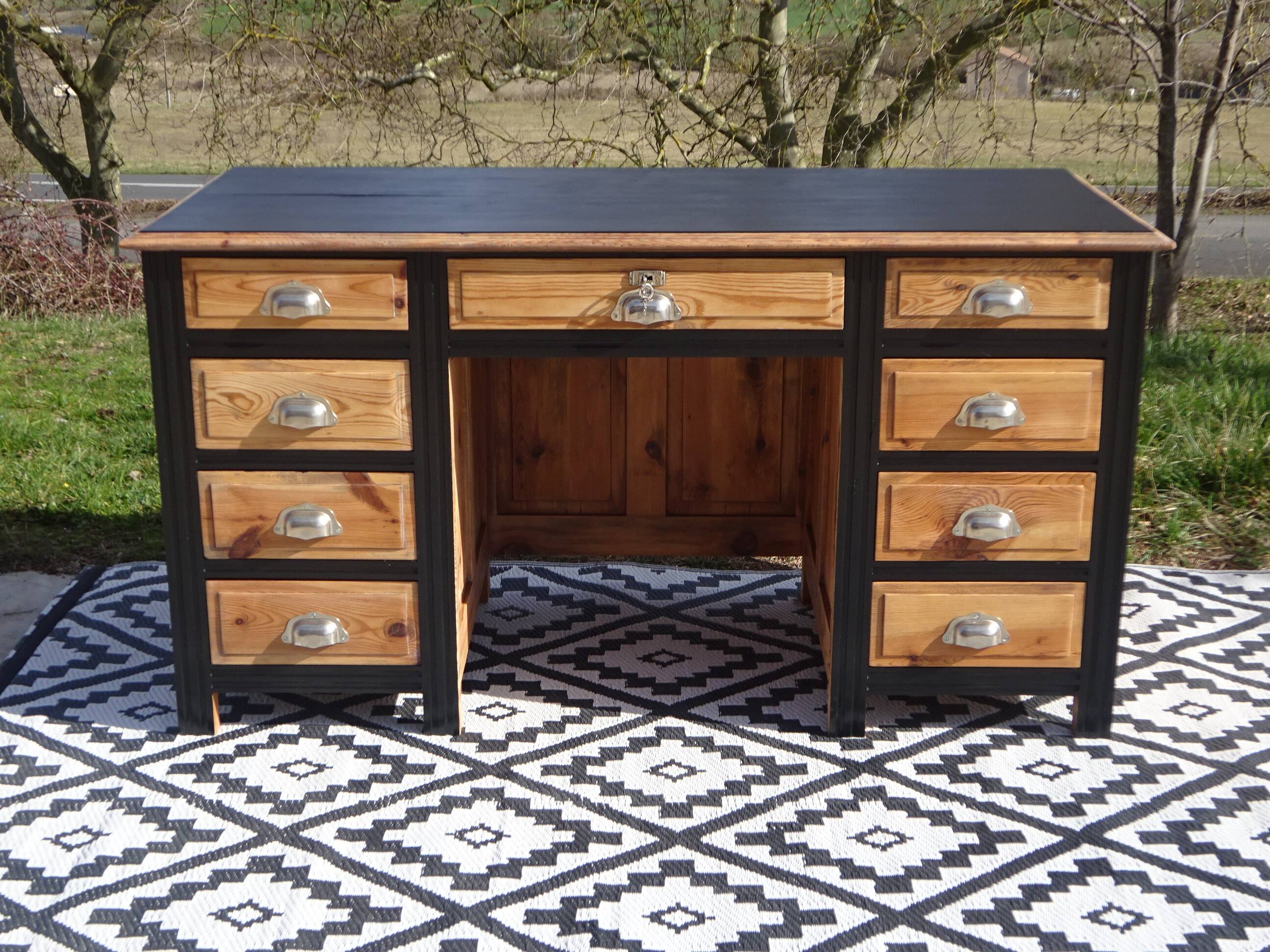 Restored antique pine desk, 9 drawers