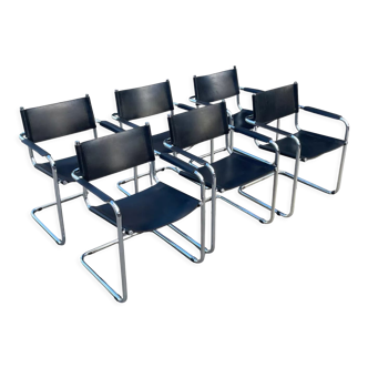Set of 6 bauhaus cantilever chairs black leather and chrome design