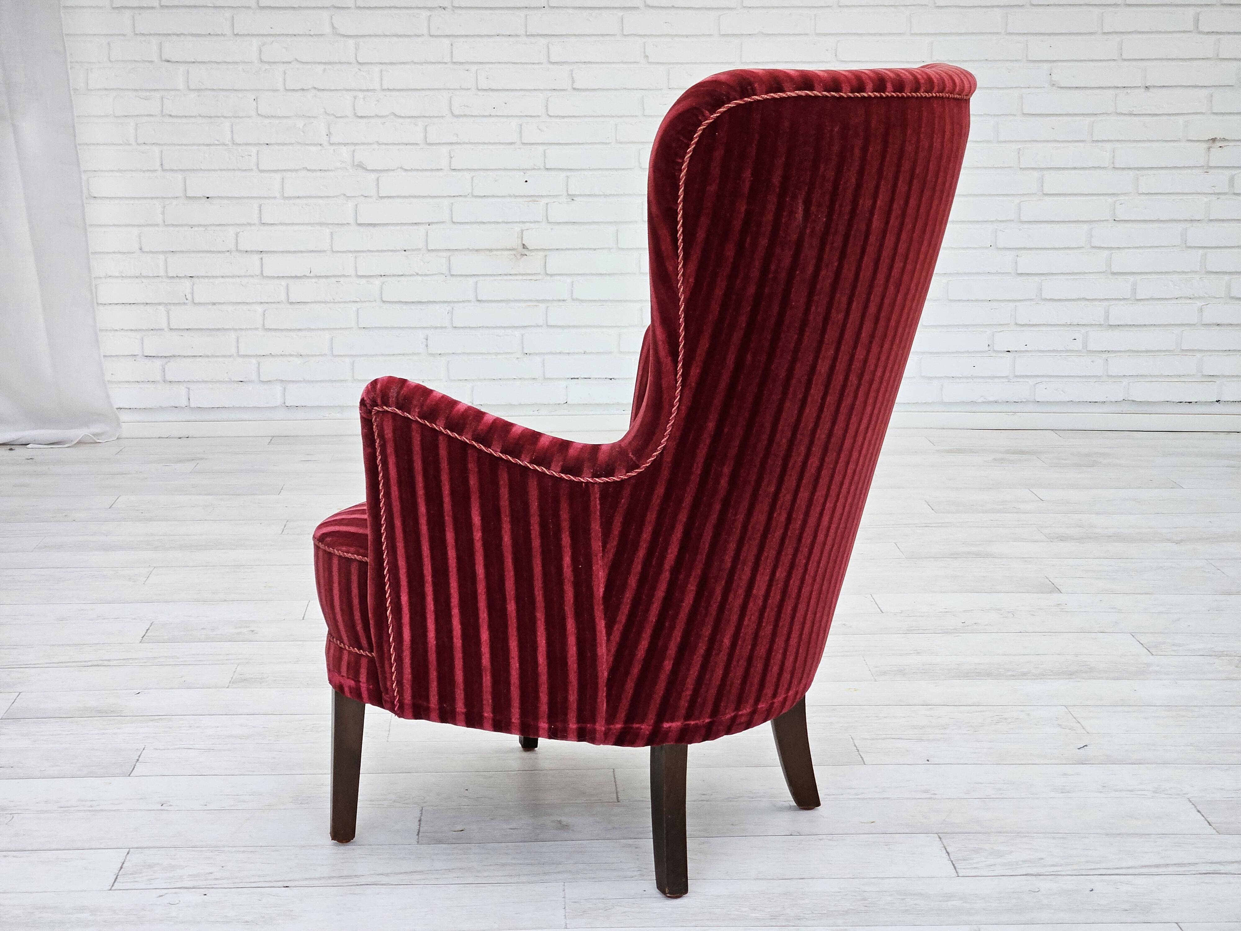 1960s, Danish armchair in cherry-red furniture velour, original condition.