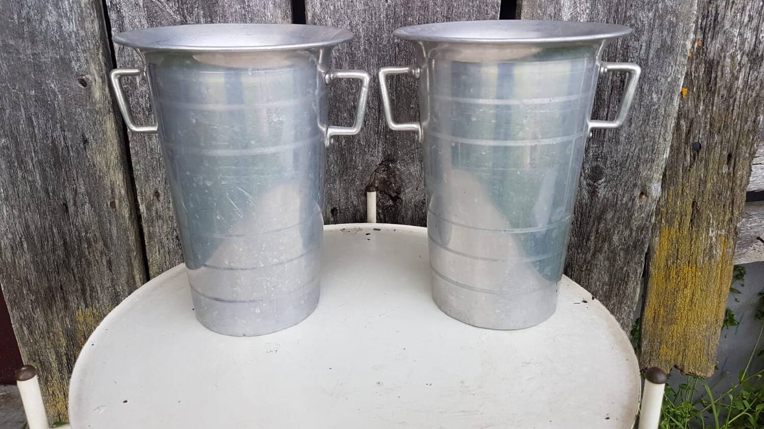 Old pair of aluminum champagne buckets vintage kitchen utensil #a682