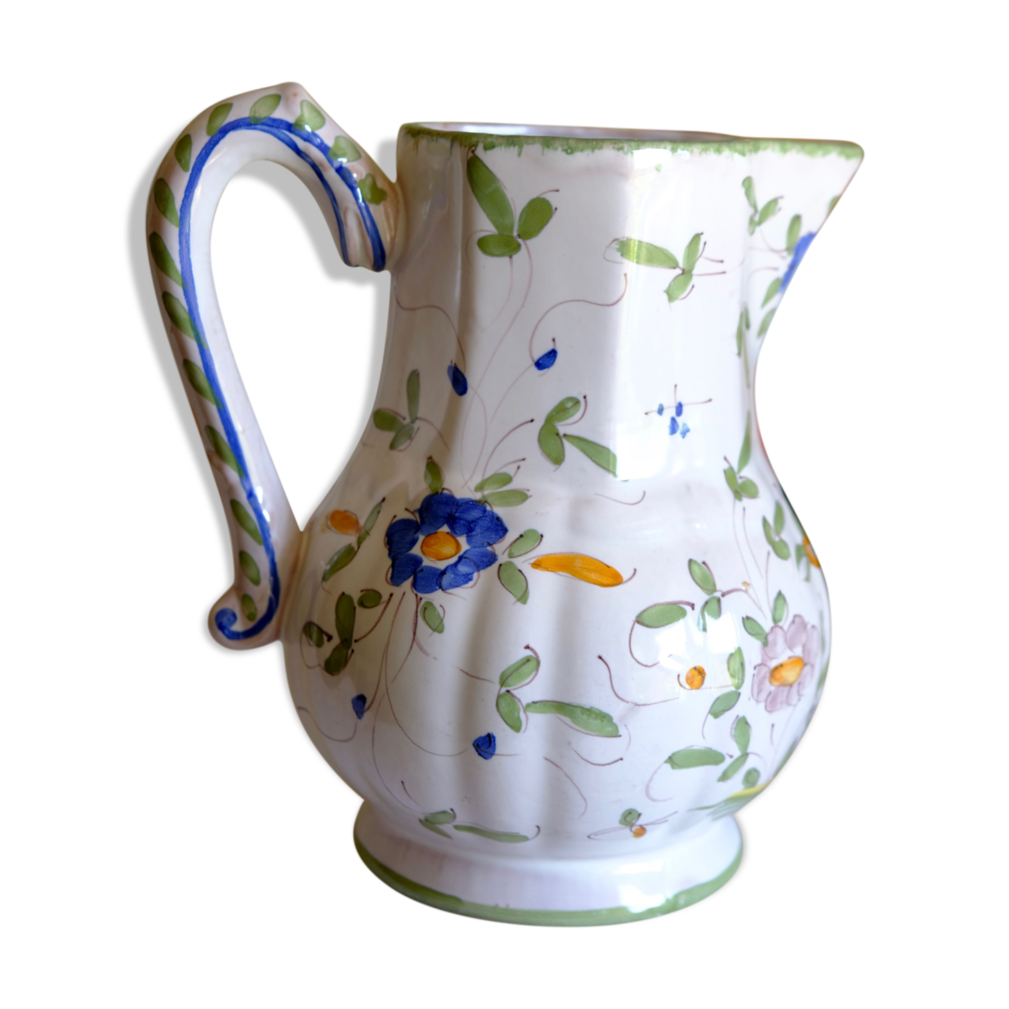 Painted Moustiers earthenware pitcher