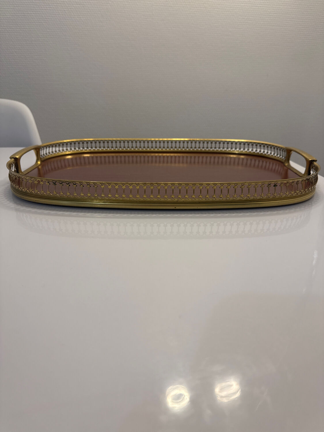 Vintage brass grand plateau – openwork gallery – 1970s