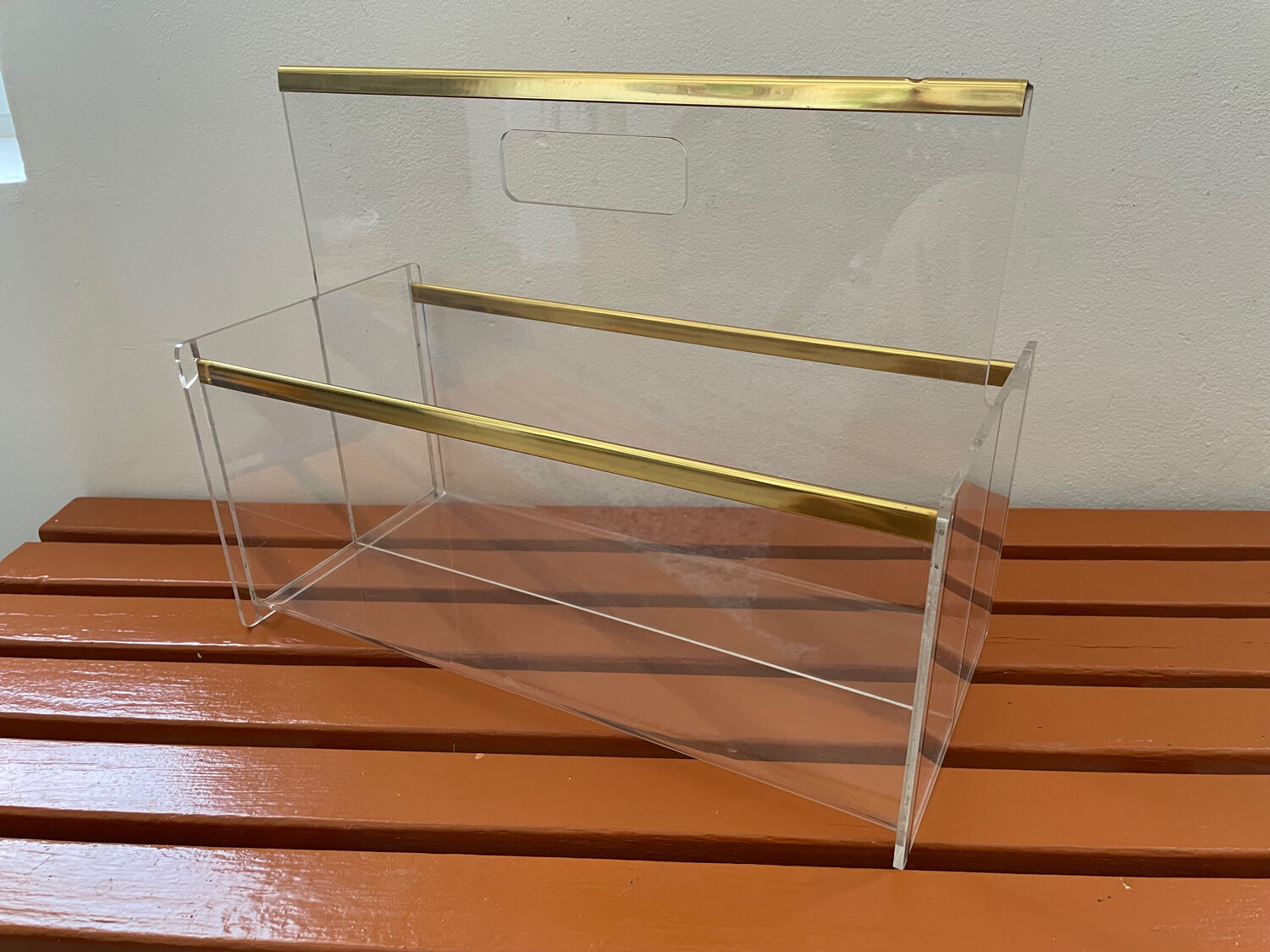 80s Plexiglas and brass magazine rack