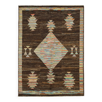 Tapis décoratif tribal en laine marron fait main 173 cm x 238 cm
