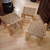 Set of three brutalist wooden stools, rope seat