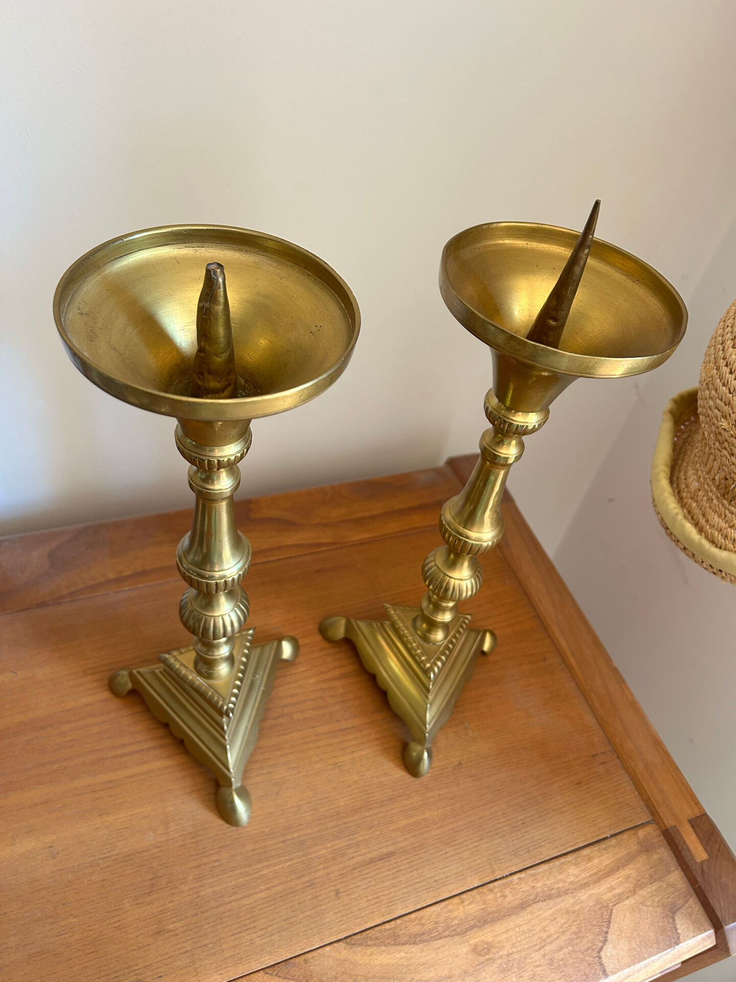 Pair of antique brass virgin spikes