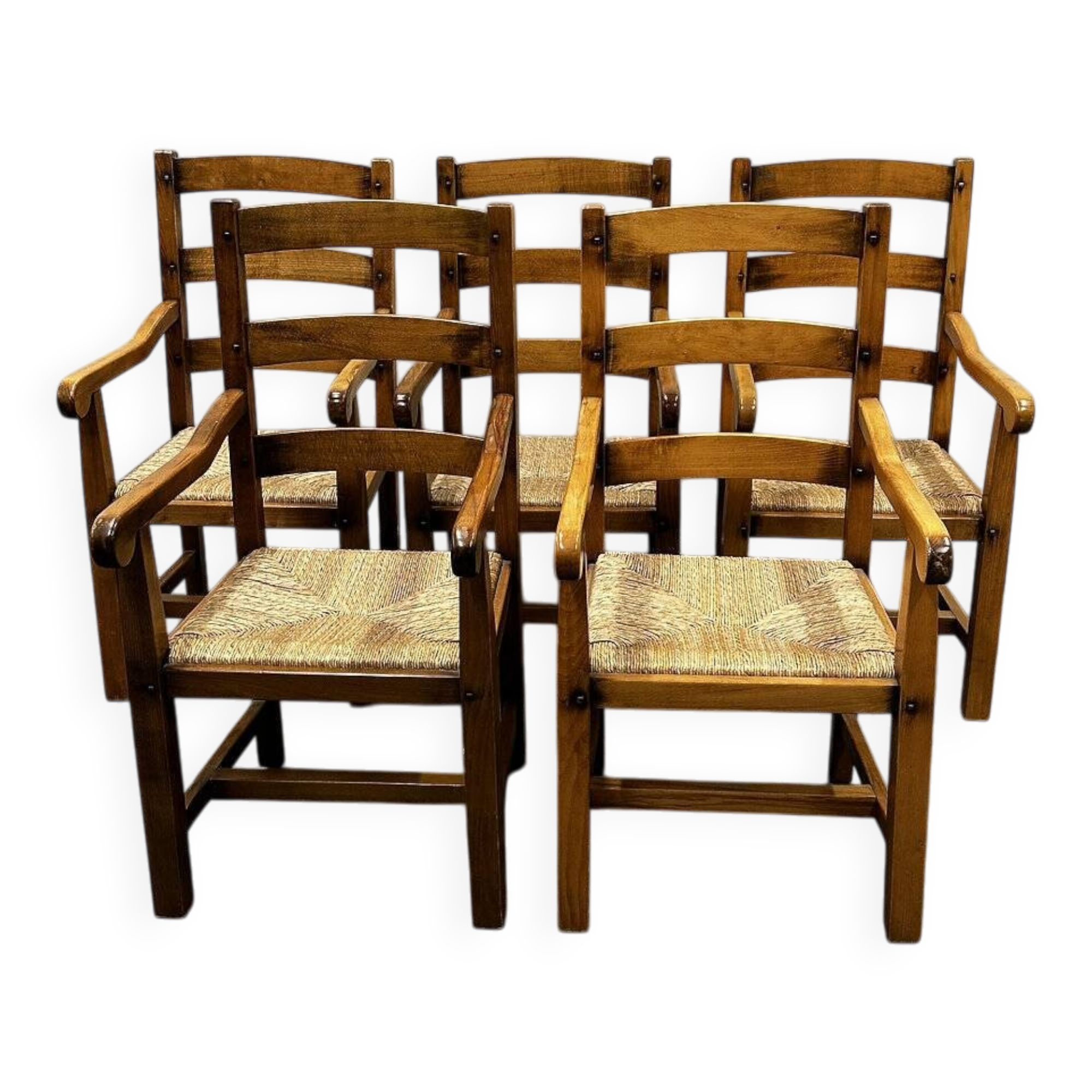 Set of 5 large French oak dining armchairs with rush seats, 1970s