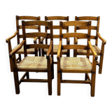 Set of 5 large French oak dining armchairs with rush seats, 1970s