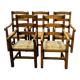 Ensemble de 5 grands fauteuils de salle à manger en chêne français avec assises en jonc, années 1970