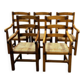 Set of 5 large French oak dining armchairs with rush seats, 1970s